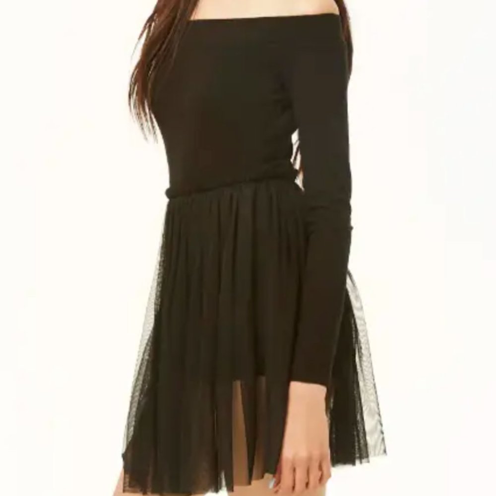 Forever 21 Black Off-the-Shoulder Romper Dress with Tulle Skirt (new with tags)